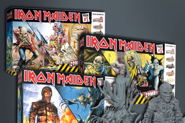 pudełka dodatków figurkowych z różnymi wcieleniami Eddiego z Iron Maiden