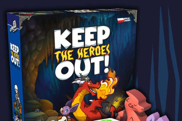 Pudełko gry Keep the Heroes Out! wraz z kilkoma elementami