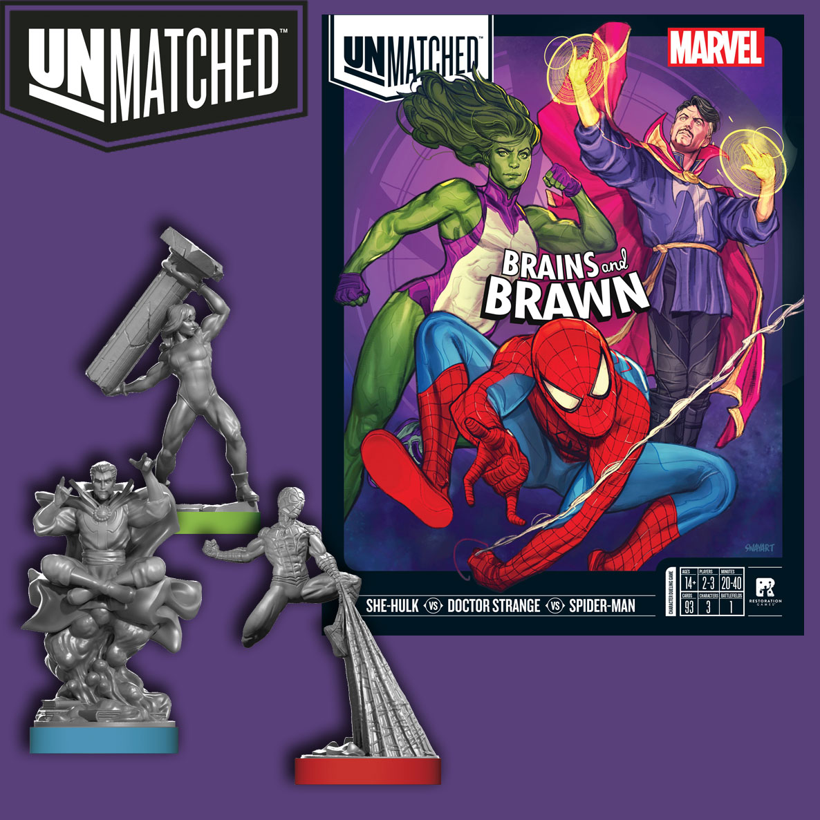 front pudełka i figurki do gry Unmatched: Brains and Brawn