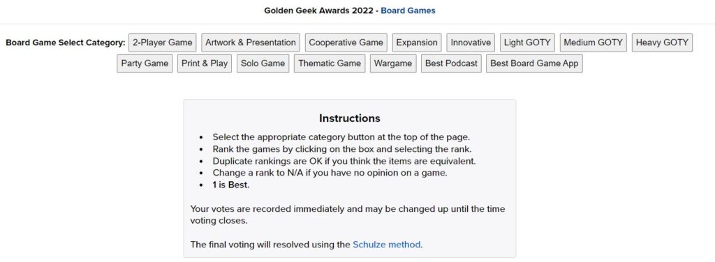 strona do głosowania na Golden Geek Awards