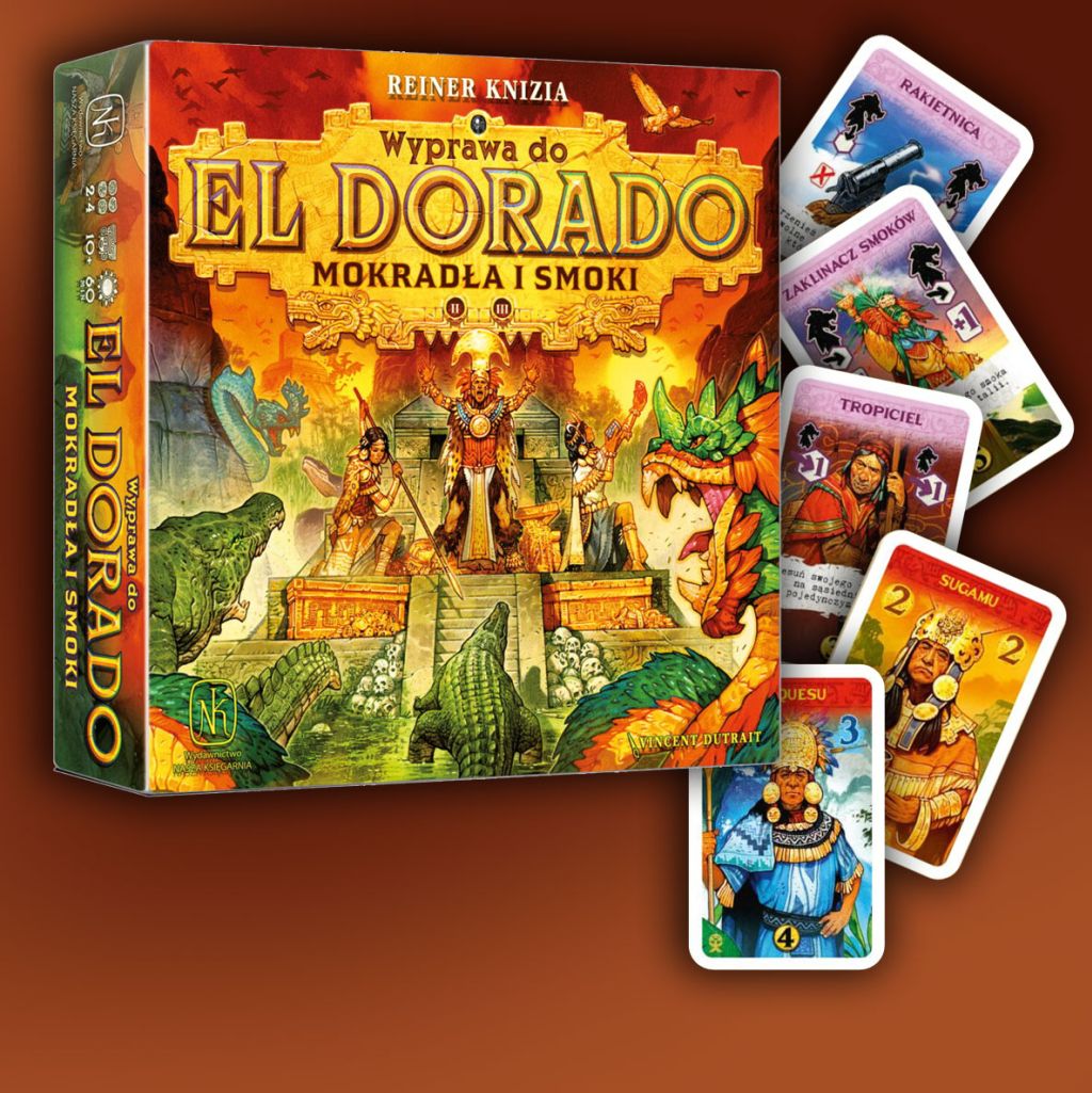 Wyprawa do El Dorado Mokradła i Smoki - okładka gry i komponenty