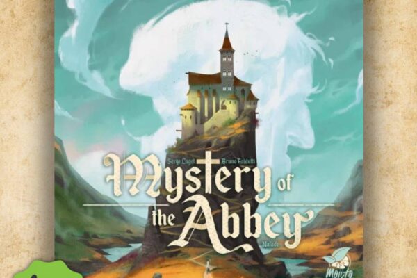Opactwo na wzgórzu, w tle góry i rzeka, na środku tytuł Mystery of the Abbey