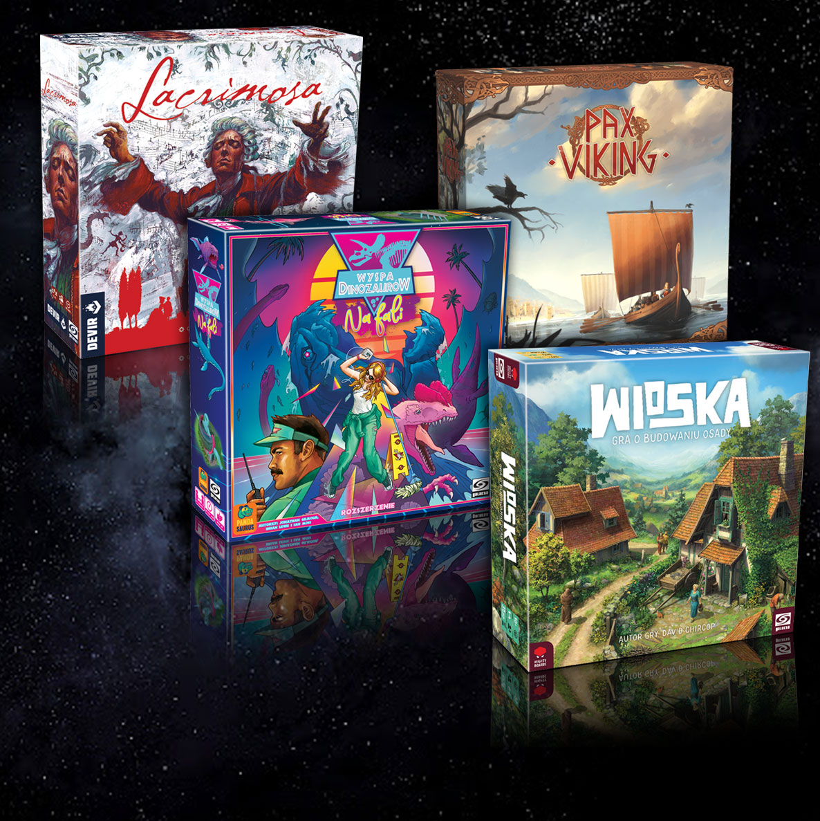 cztery pudełka gier wydawnictwa Galakta, Lacrimosa, Pax Viking, Wioska Gra o budowaniu wioski, Wyspa Dinizaurów Na Fali, przedsprzedaże