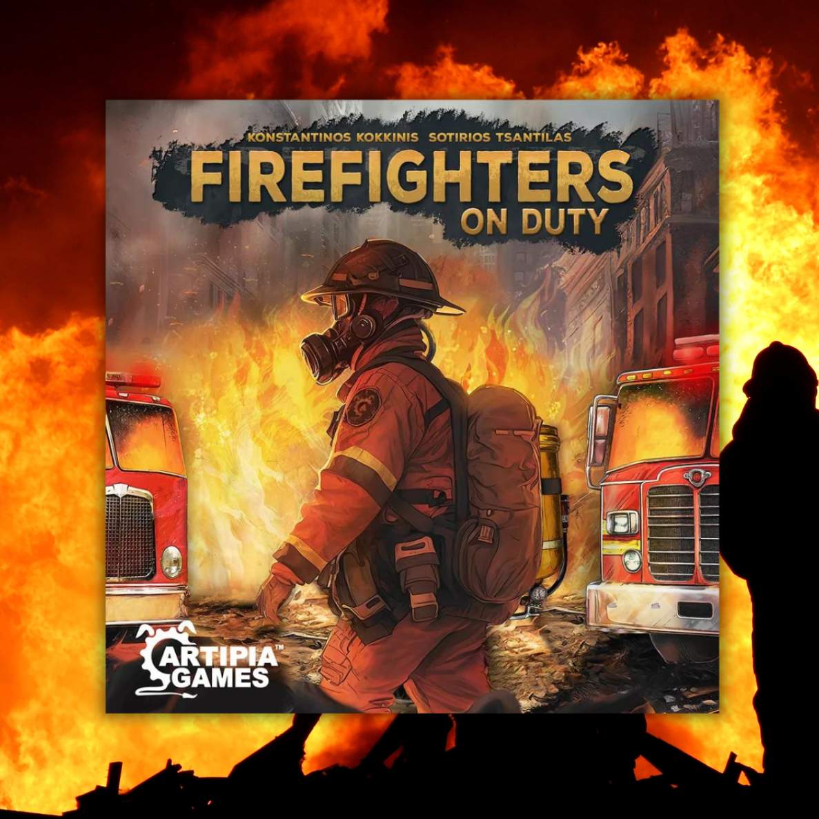 Okładka zapowiedzianej gry o tytule FireFighters on Duty, na obrazku widać strażaka na tle ognia