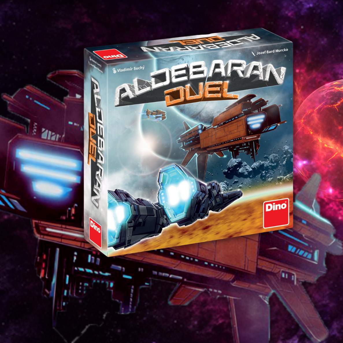 pudełko gry Aldebaran Duel, w tle statek kosmiczny