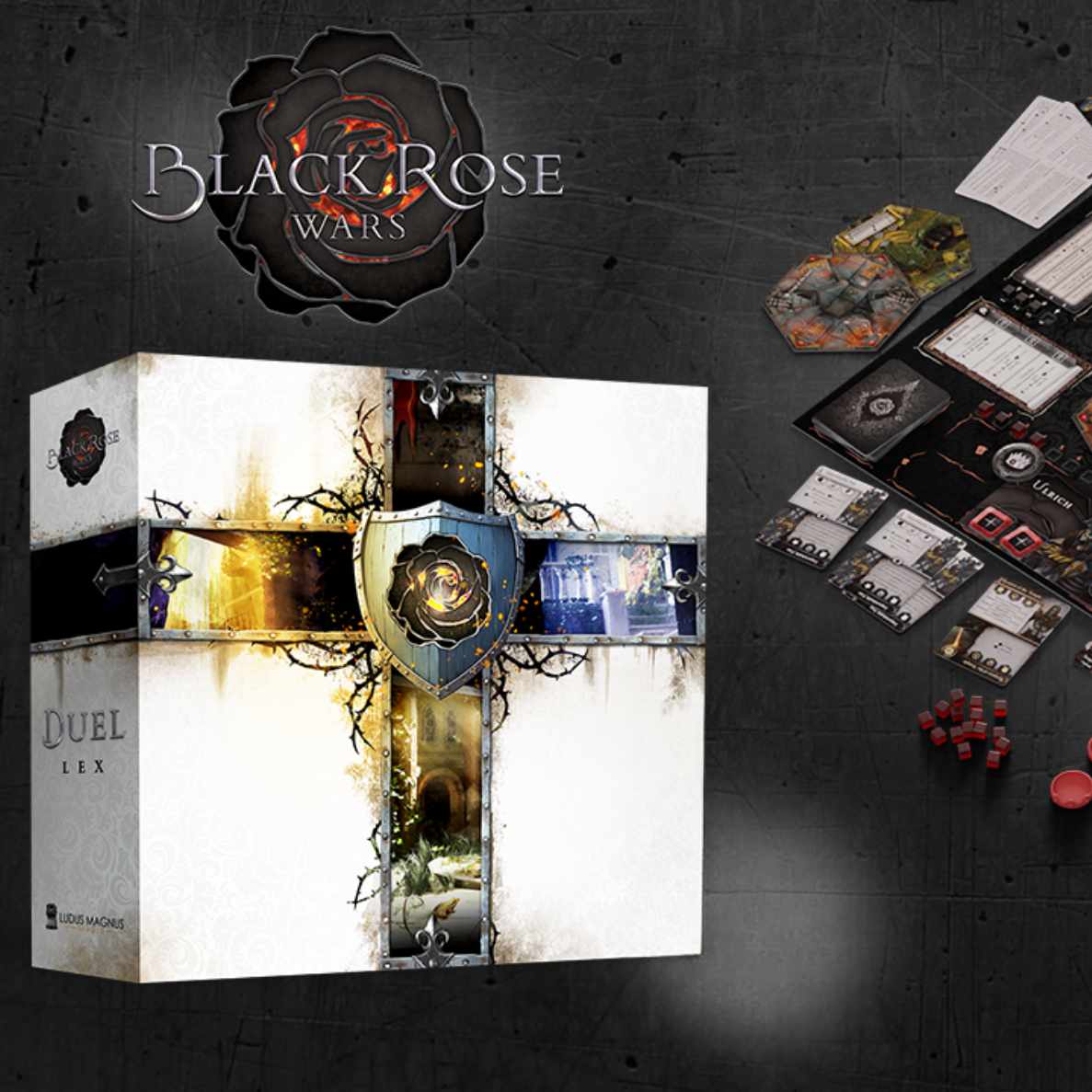 pudełko i elementy gry Black Rose Wars: Duel - Lex!