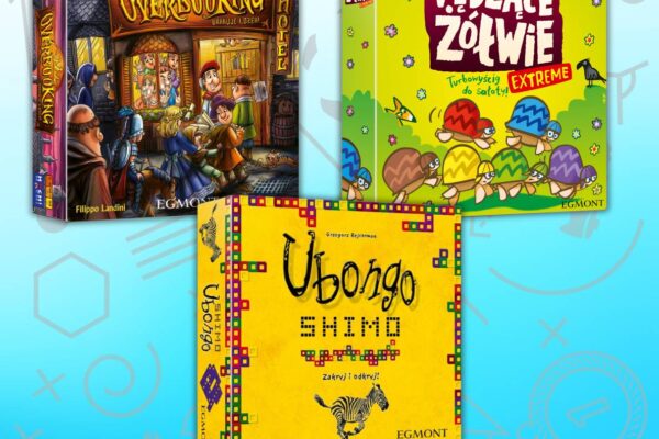 pudełka nowo zapowiedzianych gier rodzinnych od wydawnictwa egmont, Overbooking, Ubongo Shimo, Pędzące żółwie extreme Turbowyścig do sałaty, premiera w sierpniu
