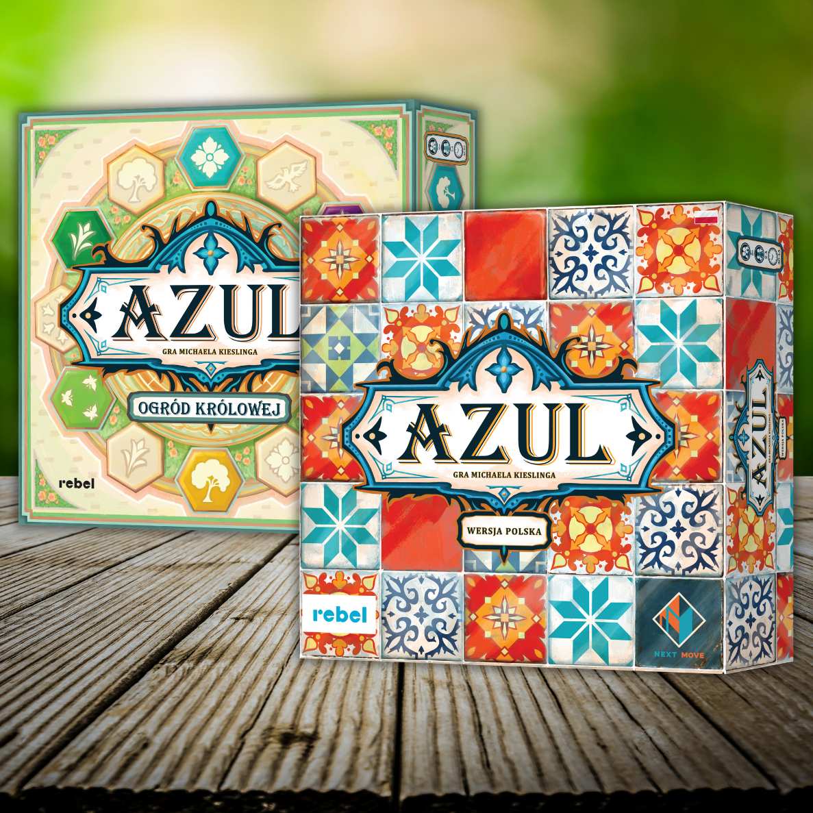 dwa pudełka od gier Azul i Azul: Ogród Królowej z logo nowego wydawcy