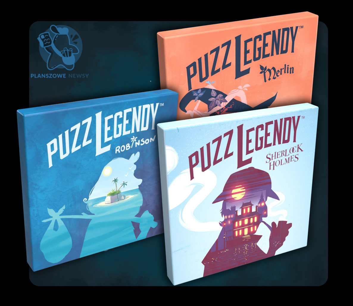 pudełka gier z serii Puzzlegendy: Merlin, Robinson i Sherlock Holmes