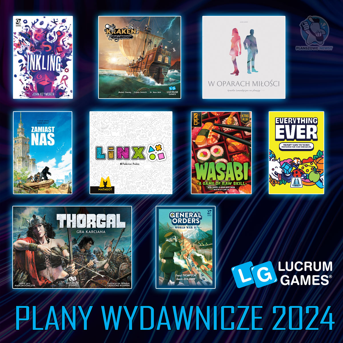 plany wydawnicze - grafika przedstawiająca okładki gier zapowiedzianych przez wydawnictwo Lucrum Games na rok 2024