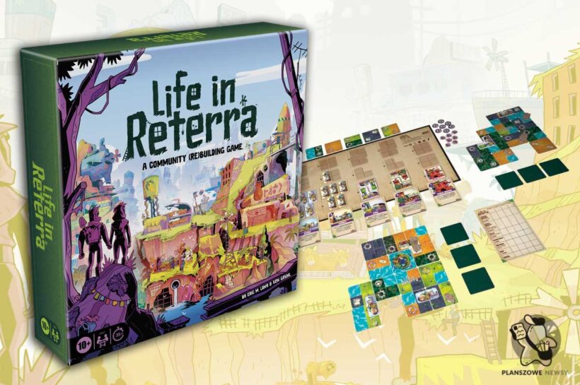 pudełko i komponenty gry Life in Reterra: kafelki, karty, elementy tetrisowe)