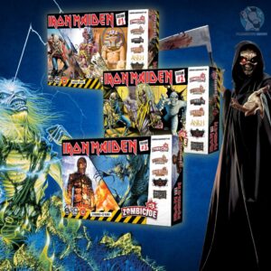 Iron Maiden, trzy pudełka rozszerzeń zawierające figurki i karty maskotki zespołu Eddiego