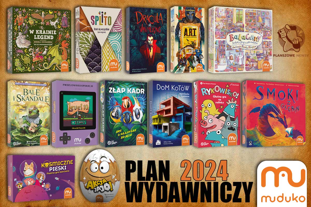 grafika przedstawiająca plany wydawnicze na 2024 rok od wydawnictwa Muduko, trzynaście różnych pudełek