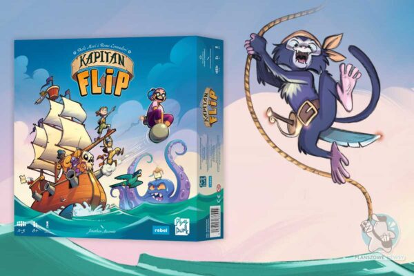 pudełko od gry Kapitan flip oraz małpa huśtająca się na linie
