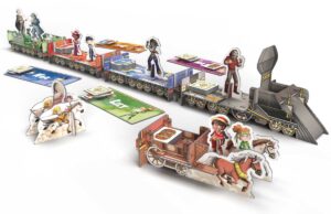 przygotowanie do gry Kids Express, pokazujące złożony do 3D pociąg, dyliżans i procę potrzebne do rozgrywki