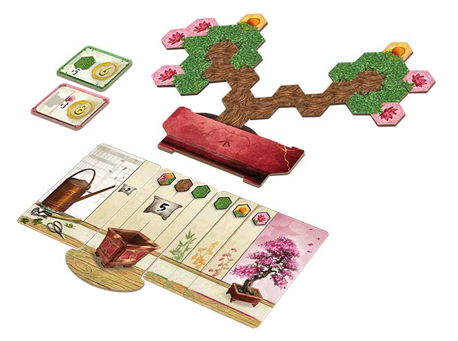 Gra Bonsai. Grafika prezentująca elementy gry ułożone w drzewko Bonsai z kafelkami celów