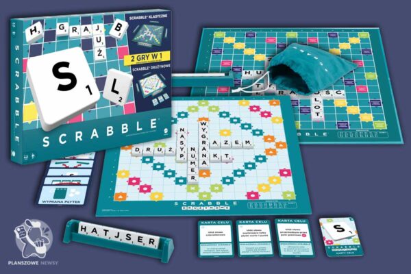 grafika prezentująca nowe pudełko gry Scrabble zawierające nowy tryb rozgrywki - rozgrywkę drużynową