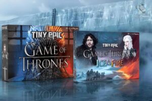 pudełka od gry podstawowej i dodatku Tiny EPic Game of Throne i Tiny Epic Game of Throne: Ice and Fire