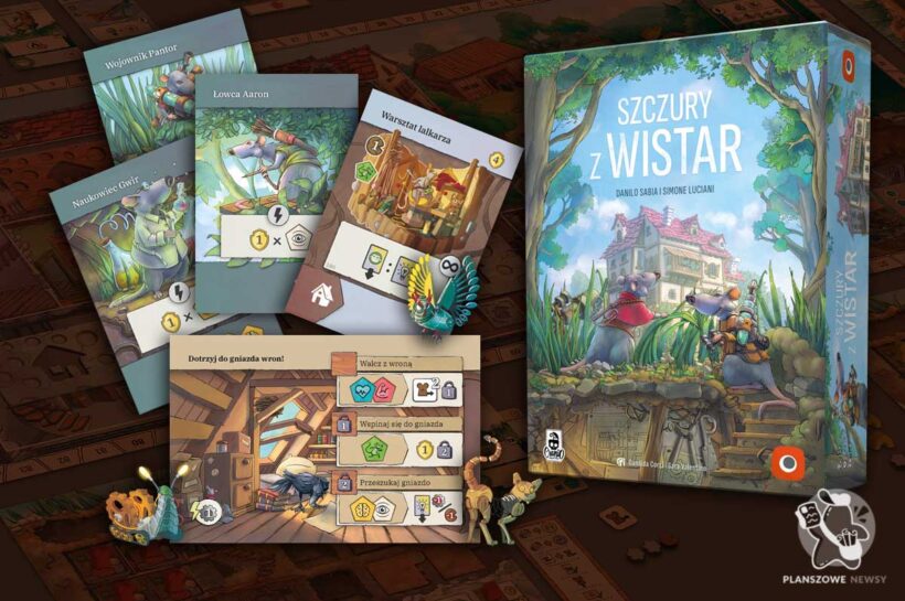 okładka i karty z gry planszowej pt. Szczury z Wistar wydawnictwa Portal Games
