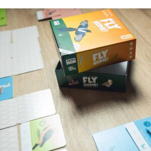 pudełko i elementy gry Fly Home! z serii Helvetiq