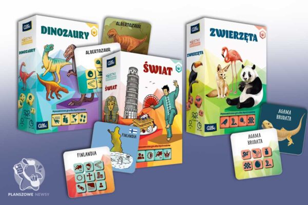 grafika przedstawiająca 3 gry z serii Kości Bystrzaków przeznaczone dla dzieci o tematyce: Zwierzęta, Dinozaury i Świat