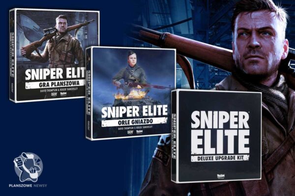 grafika prezentująca pudełka gry podstawowej, dodatku i upgrade pack'a do gry planszowej Sniper Elite