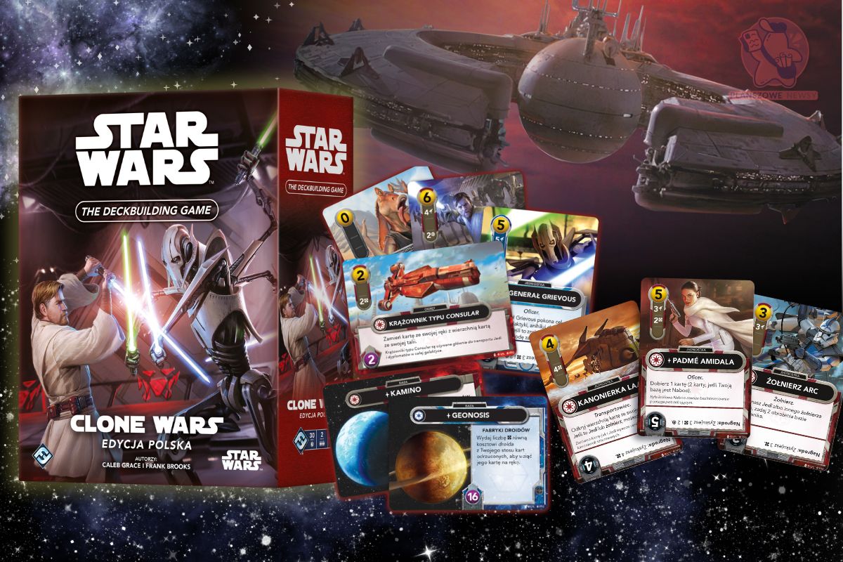 Star Wars: The Deckbuilding Game - Edycja Wojen Klonów (Polska). Widoczne pudełko gry oraz karty z postaciami i lokalizacjami, takimi jak Obi-Wan Kenobi, Generał Grievous, Padmé Amidala, Kamino i Geonosis, na tle kosmicznej sceny.