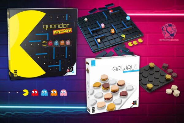 Okładki gier planszowych Quoridor Pac-Man i Qawale. Quoridor Pac-Man nawiązuje do klasycznej gry Pac-Man, z labiryntem i postaciami duchów, a Qawale prezentuje minimalistyczny design z kamieniami do gry.