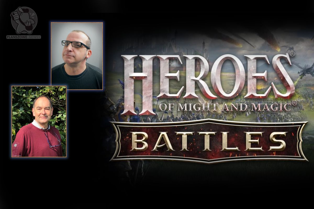 Heroes of Might and Magic: Battles. Logo gry na tle epickiej bitwy oraz dwa portrety mężczyzn, umieszczone w lewym górnym rogu grafiki.