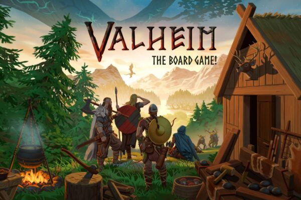 Valheim: The Board Game! Ilustracja przedstawia grupę wikingów patrzących na górzysty krajobraz. W tle lasy, góry i smok, a na pierwszym planie drewniana chatka, obozowisko i narzędzia.