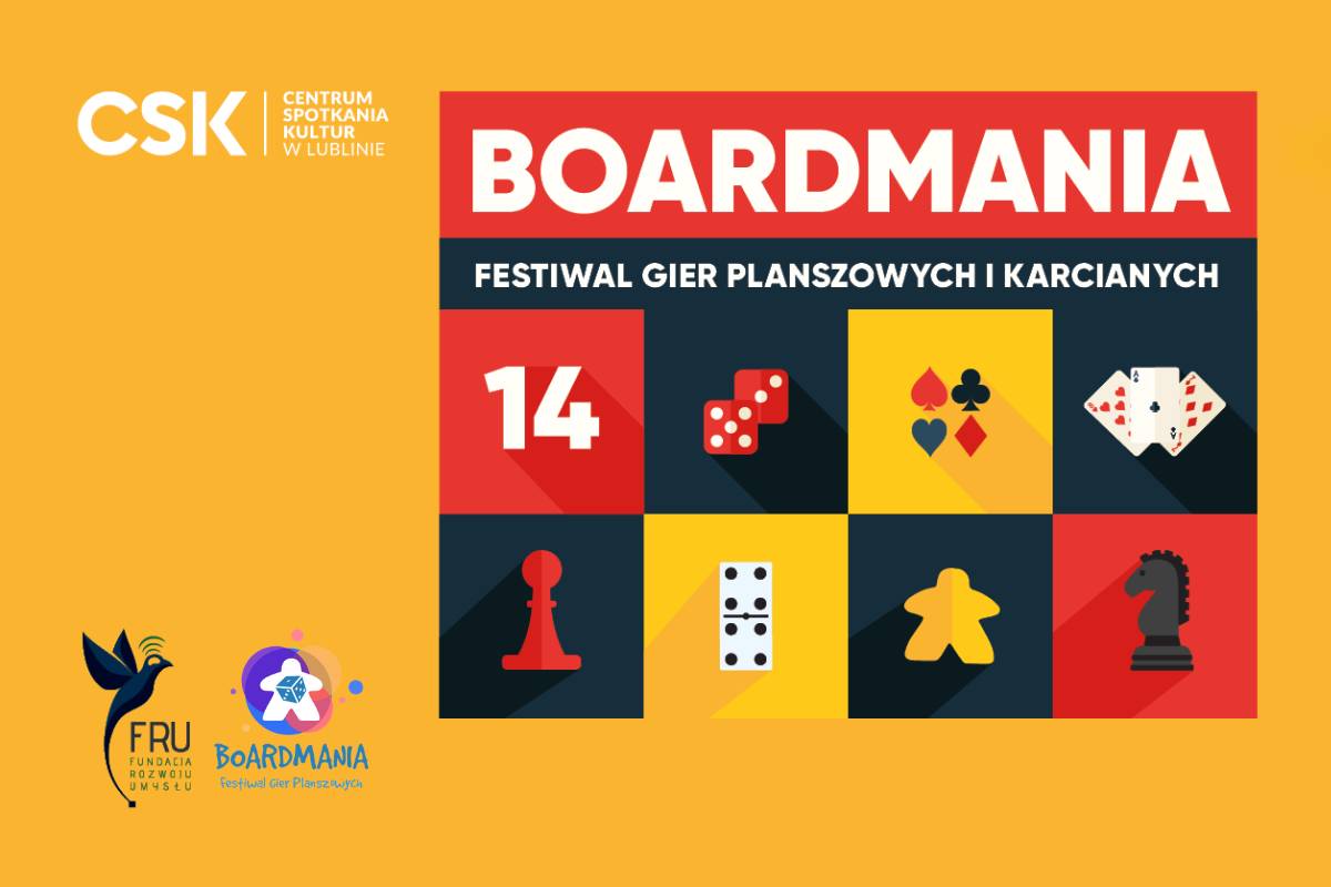 Plakat wydarzenia Boardmania: Festiwal Gier Planszowych i Karcianych. Zawiera informacje o organizatorach i ikonki związane z grami na żółtym tle.