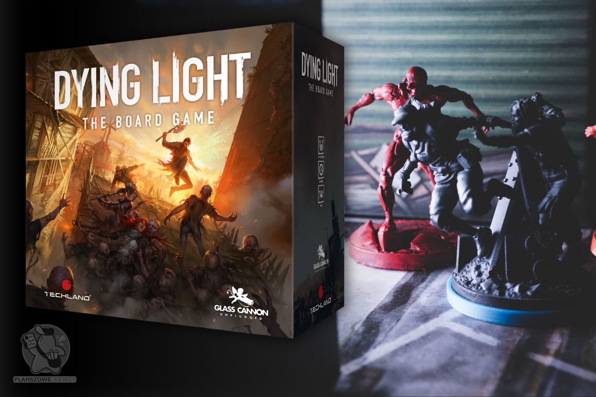 Dying Light: The Board Game. Okładka gry przedstawiająca scenę walki z zombie w postapokaliptycznym świecie, obok figurki postaci w dynamicznych pozach na tle planszy.