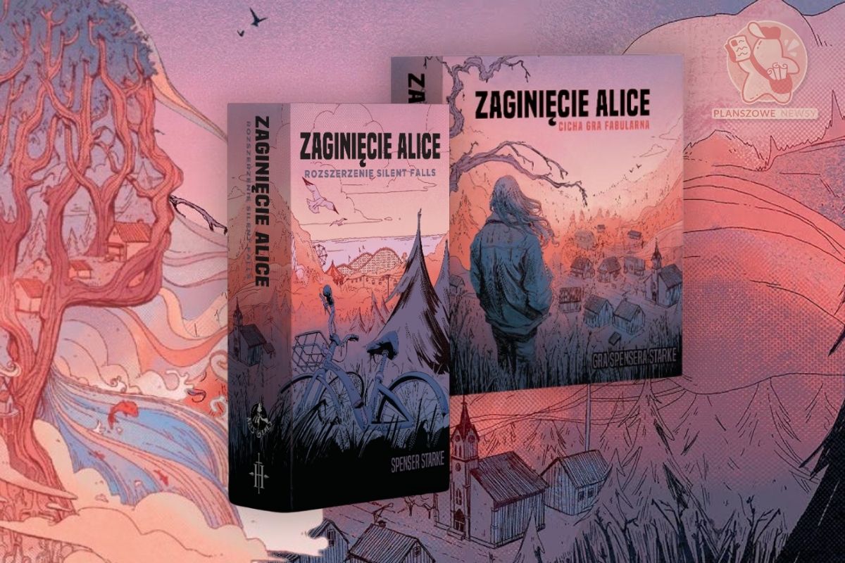 Zaginięcie Alice: cicha gra fabularna oraz rozszerzenie Silent Falls. Na okładce widoczna postać w płaszczu spoglądająca na wioskę. Ilustracja w stylu komiksowym z drzewem, rzeką i górami w tle