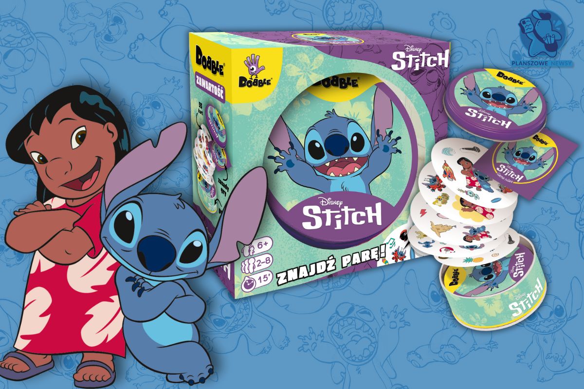 Pudełko gry “Dobble: Stitch” obok rozłożonych kart z ilustracjami postaci z filmu “Lilo i Stitch”. W tle Lilo i Stitch w radosnych pozach.