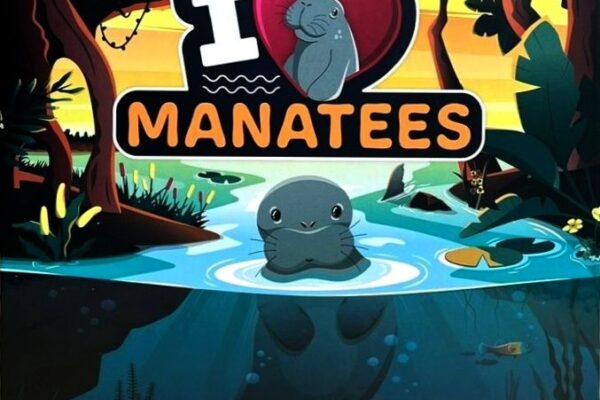 I Heart Manatees. Okładka gry przedstawiająca manatka w wodzie na tle lasu, z kolorowym logotypem gry na górze