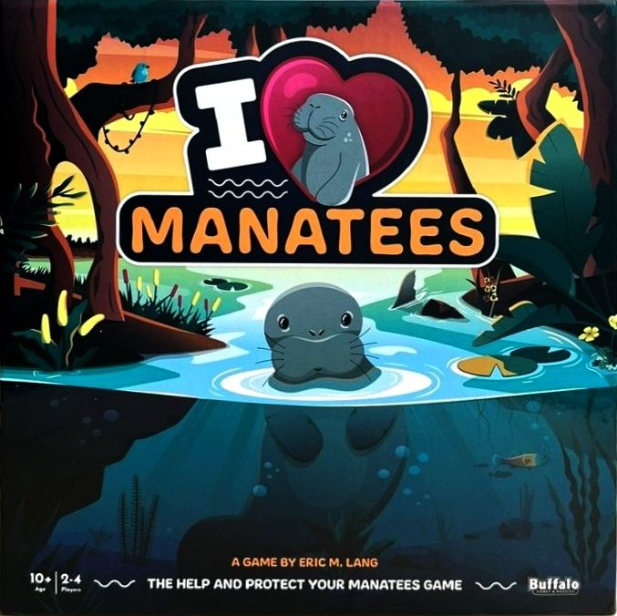 I Heart Manatees. Okładka gry przedstawiająca manatka w wodzie na tle lasu, z kolorowym logotypem gry na górze