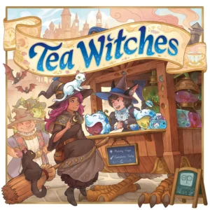 Grafika przedstawia okładkę gry "Tea Witches – uroczej gry planszowej osadzonej w świecie magii i czarów. Ilustracja ukazuje dwie młode czarownice, które prowadzą stoisko z magicznymi herbatami, otoczone przez rozmaite magiczne stworzenia i akcesoria. Ciepła, pastelowa kolorystyka oraz detale nawiązujące do świata fantasy tworzą przyjazną i zachęcającą atmosferę. Gra obiecuje być lekką, familijną rozrywką z klimatycznym, baśniowym motywem.