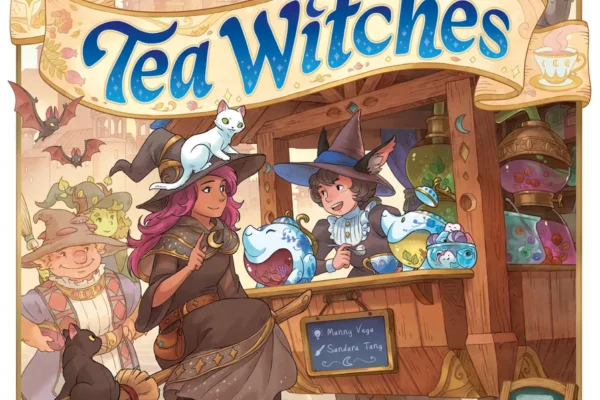 Grafika przedstawia okładkę gry "Tea Witches – uroczej gry planszowej osadzonej w świecie magii i czarów. Ilustracja ukazuje dwie młode czarownice, które prowadzą stoisko z magicznymi herbatami, otoczone przez rozmaite magiczne stworzenia i akcesoria. Ciepła, pastelowa kolorystyka oraz detale nawiązujące do świata fantasy tworzą przyjazną i zachęcającą atmosferę. Gra obiecuje być lekką, familijną rozrywką z klimatycznym, baśniowym motywem.