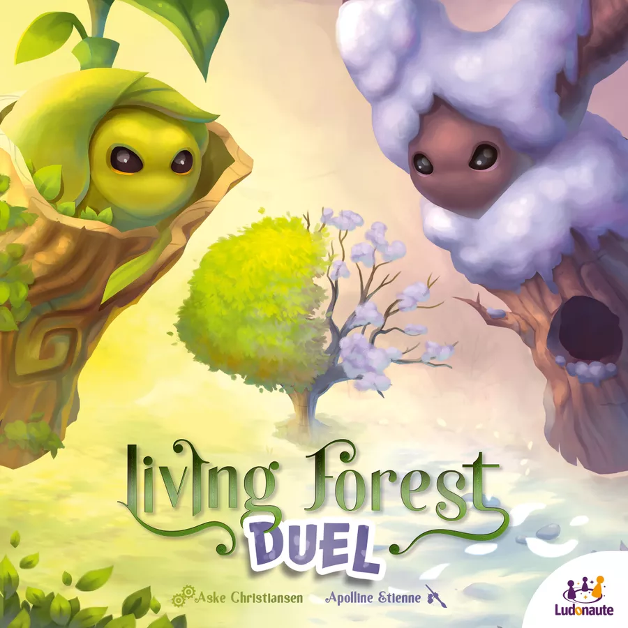 Okładka gry "Living Forest: Duel" przedstawiająca dwa mistyczne stworzenia z lasu, symbolizujące rywalizację i harmonię natury w świecie tej planszówki.