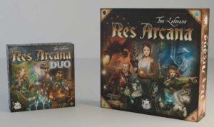 zdjęcie przedstawiające pudełko gry podstawowej - Res Arcana i pudełko nowego rozszerzenia - Res Arcana Duo