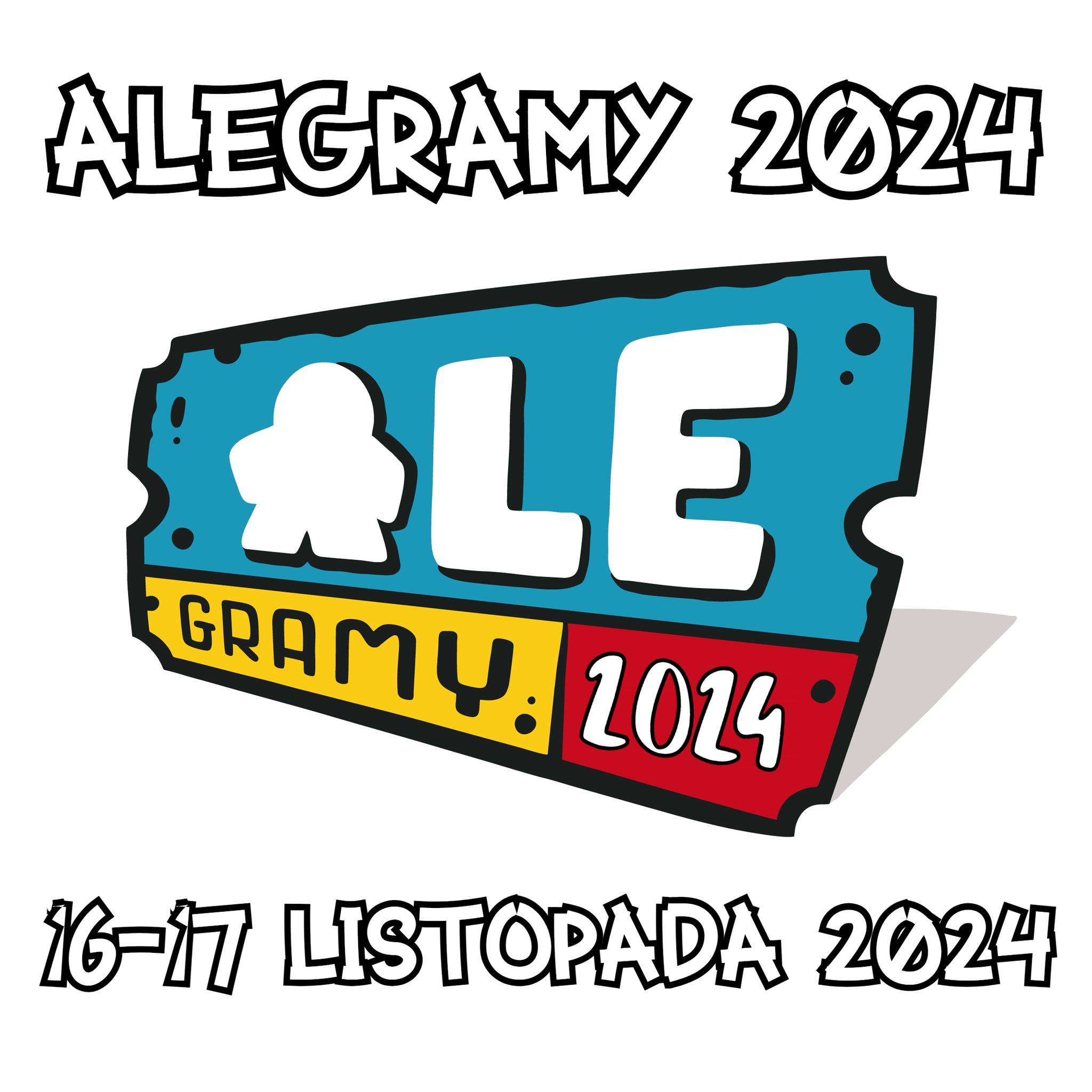 Logo wydarzenia AleGramy 2024 z datą 16-17 listopada 2024, kolorowe logo z symbolem pionka planszowego.