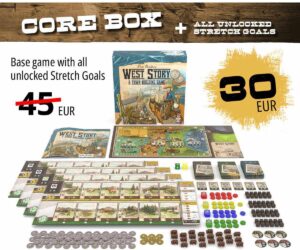 Core Box gry West Story: A Town Building Game z wszystkimi odblokowanymi celami kampanii. Zawartość zestawu obejmuje plansze, karty, znaczniki, kości i monety.