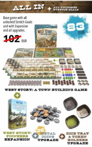 Zestaw All In do gry West Story: A Town Building Game, zawierający podstawową grę, rozszerzenie Pioneers, metalowe monety oraz tacki na kostki i znaczniki.