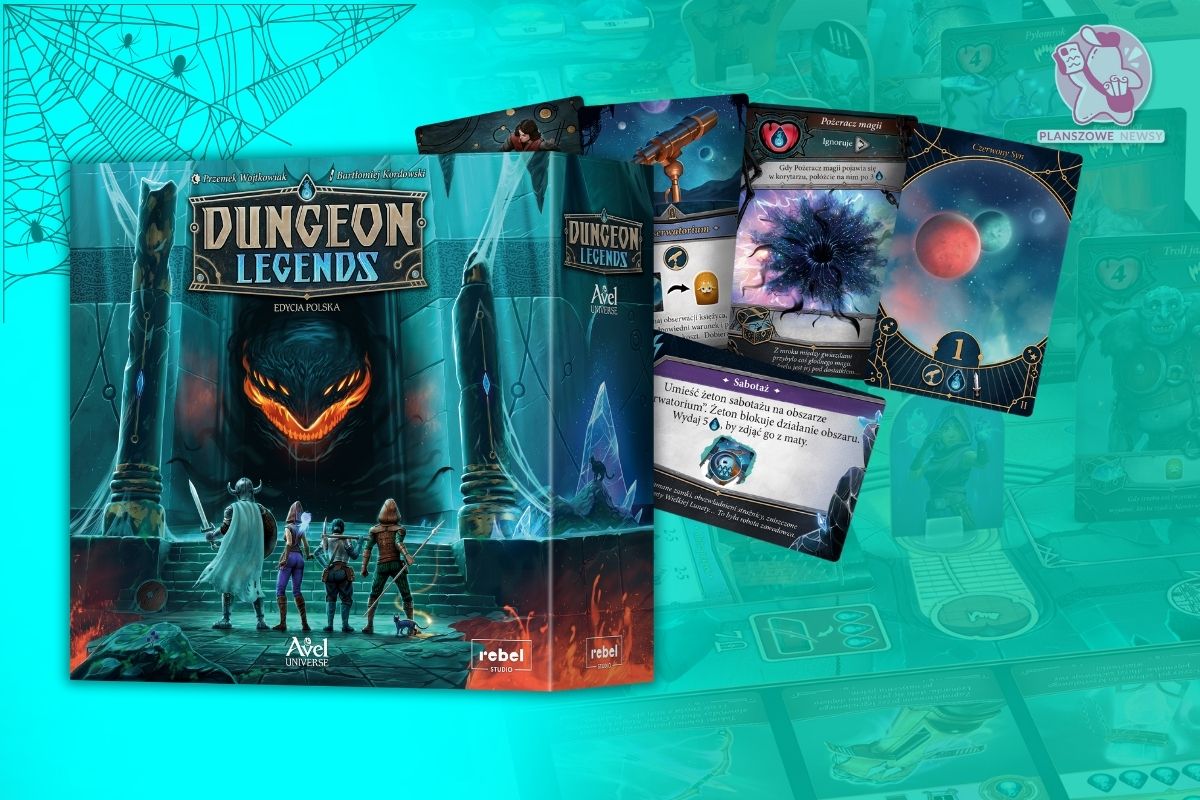 Pudełko gry “Dungeon Legends” z ilustracją potężnej postaci strzegącej wejścia do lochów, otoczone kartami z rozmaitymi elementami rozgrywki na tle w kolorze niebieskim.