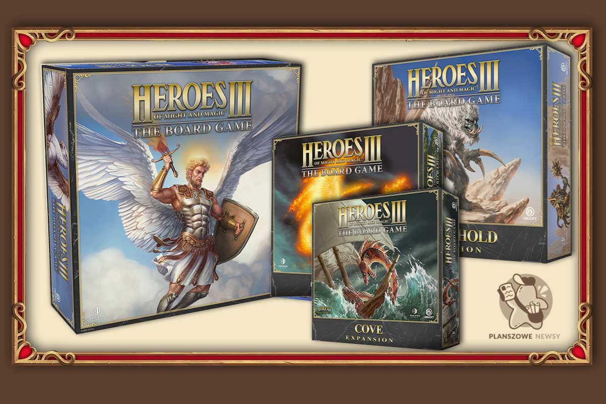 Pudełka gier planszowych „Heroes of Might & Magic III: The Board Game” oraz rozszerzeń „Twierdza” i „Przystań” i "Wrota Żywiołów" na tle ozdobnej ramki. Ilustracje na okładkach przedstawiają anioła wojownika oraz fantastyczne stworzenia w dynamicznych scenach bitewnych.