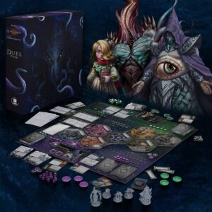 Pudełko gry „Black Rose Wars: Duel Void” obok rozłożonych elementów gry, takich jak plansza, karty, figurki i znaczniki. W tle widoczne są postacie fantastyczne, w tym jednoocy potwór i dziewczyna z kapturem, na ciemnym, tajemniczym tle.