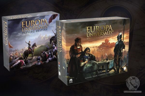 Okładki gier planszowych Europa Universalis: The Price of Power oraz rozszerzenia Defying Destiny, przedstawiające sceny historyczne z postaciami w zbrojach i historycznym tle