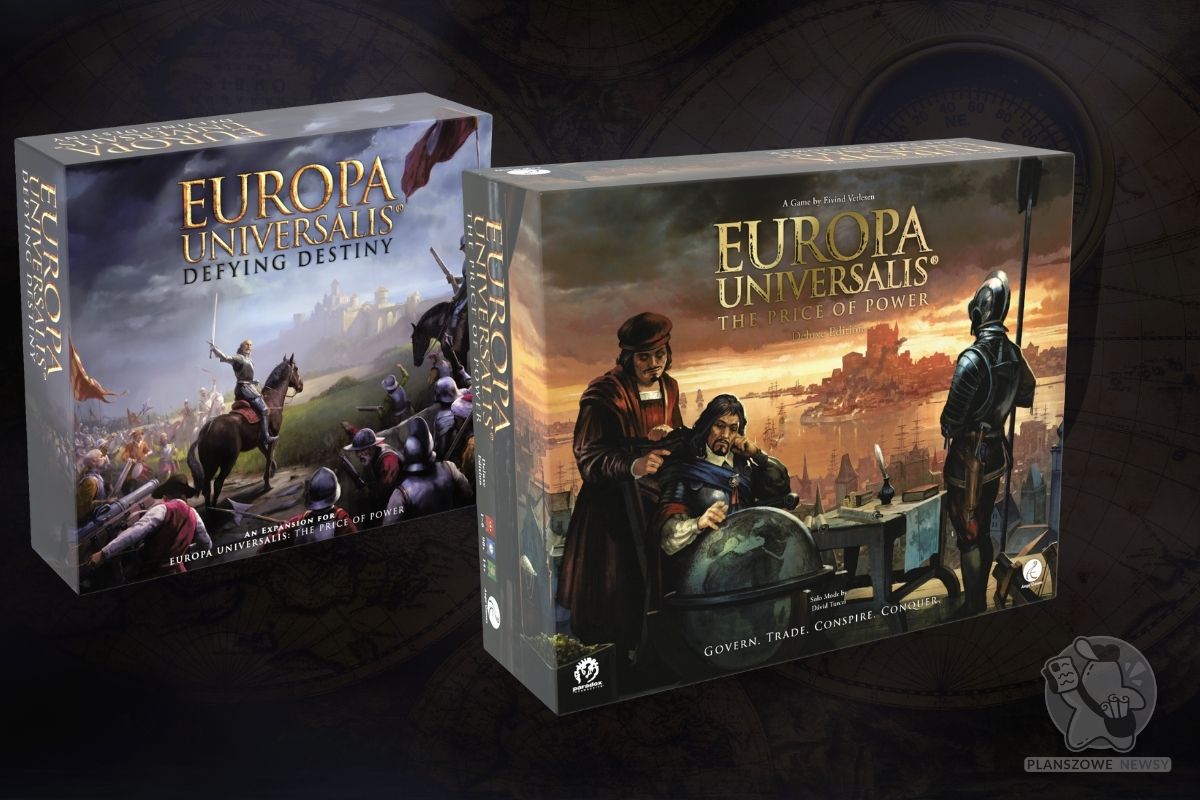 Okładki gier planszowych Europa Universalis: The Price of Power oraz rozszerzenia Defying Destiny, przedstawiające sceny historyczne z postaciami w zbrojach i historycznym tle