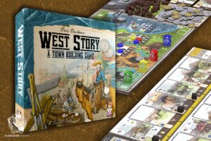 grafika prezentująca pudełko i komponenty do gry West Story