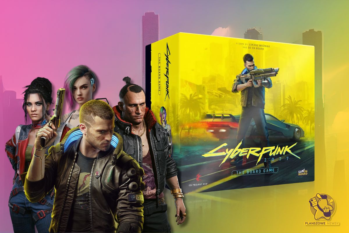 Pudełko gry planszowej “Cyberpunk 2077: The Board Game” na tle postaci z gry, w stylu futurystycznym z dominującymi odcieniami żółci i różu.